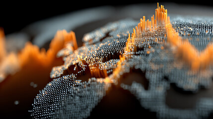 Abstract digital visualization of a world map with vibrant data points, showcasing connectivity and modern technology.
