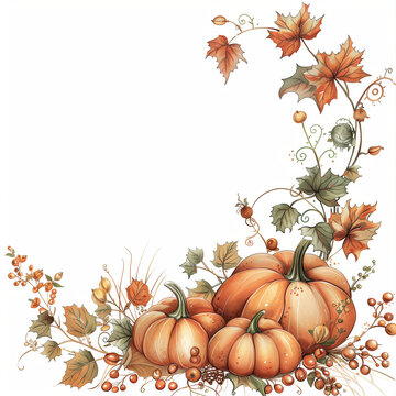 Watercolor Pumpkin fall leaves border design PNG