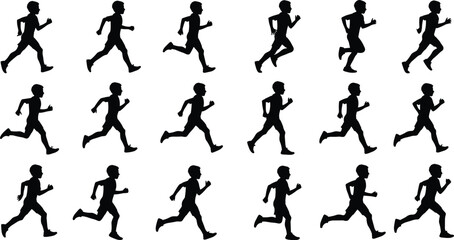 Running boy silhouette collection, athletic child jogging vector illustration, fitness training design, sports activity artwork, isolated editable black graphic set