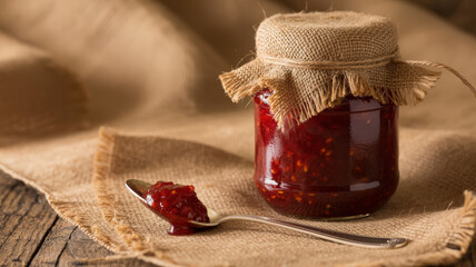 A jar of homemade jam with a spoon of jam on a burlap cloth on a wooden surface background