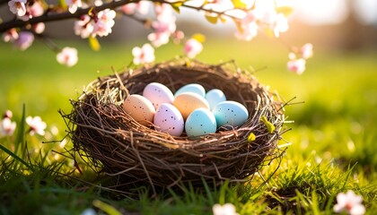 Obraz premium Easter eggs in a nest, spring blossoms