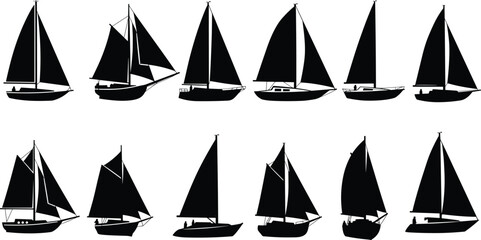 Silhouette sailing boats collection, yacht ship illustration, black sailboat icons, vintage marine vessels, nautical transportation, ocean adventure, vector art, design
