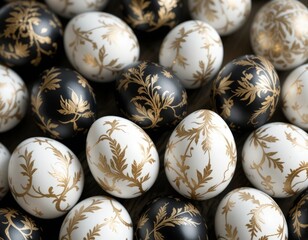 Elegant decorated Easter eggs with intricate gold leaf patterns on black and white.