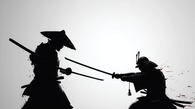 Innovation and empowerment in a dramatic samurai duel silhouette with dynamic action and stark contrast