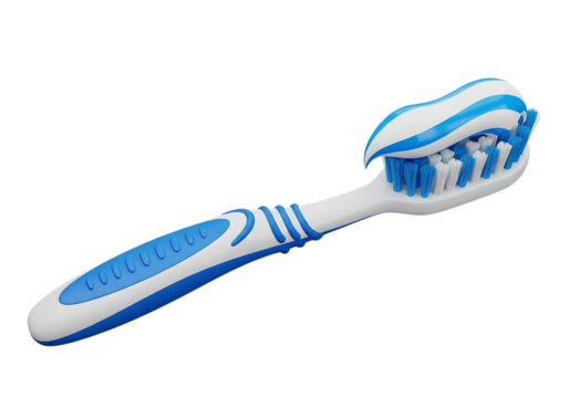 Blue and white toothbrush with toothpaste on black background dental hygiene