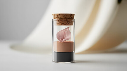 A clear bottle with a cork stopper containing a pink petal and layered cosmetic products inside it