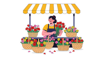 Blooming Business: A charming illustration of a woman tending her flower stall, surrounded by an array of colorful blossoms, showcasing the vibrant beauty of nature's gifts.