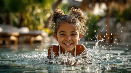 Happy african child splashes in sunlit pool, embracing summer fun with a radiant smile amidst tropical paradise