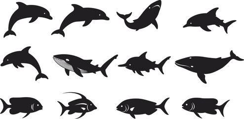 Marine animal silhouettes with dolphins, whales, fish, sharks, aquatic life vector illustration, black sea creatures clipart, isolated on white background