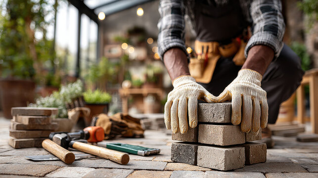 Skilled gardner stacking bricks with precision in greenhouse workshop surrounded by tools and lush indoor plants