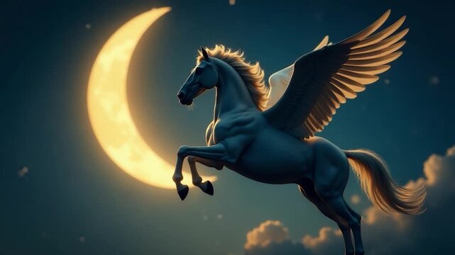 A majestic white horse with wings soars through the sky, a mythical creature in flight