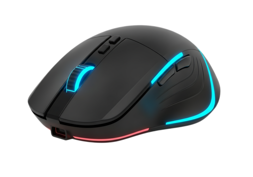 Modern illuminated wireless gaming mouse ergonomic design on black background