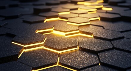 Dynamic 3D abstract hexagon pattern with glowing yellow lines, modern technology design