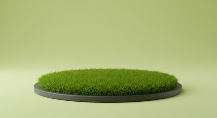 "Vibrant green grass circle on lime background with modern display."