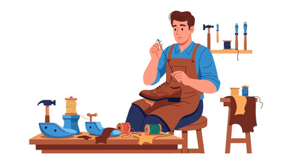 Craftsman at Work: A skilled craftsman meticulously repairs a leather shoe, embodying the artistry of traditional shoemaking, showcasing passion and care for intricate work.