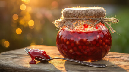 A jar of homemade berry jam with a spoon on a wooden surface in warm lighting and bokeh background