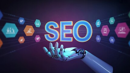 Robotic hand targeting seo button amidst vibrant digital icons