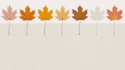 A row of seven maple leaves showing different colors on a white background with space for text