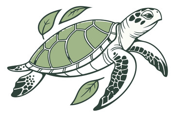 Green sea turtle swimming with leaves