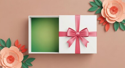 Elegant gift box with pink ribbon and flowers for special occasion celebration or festive holiday designs