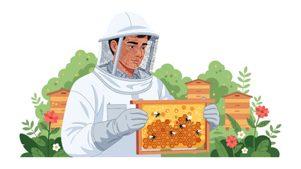 The Beekeeper and Honeycomb: A dedicated beekeeper, clad in protective gear, meticulously examines a honeycomb frame, showcasing the intricate beauty and golden richness of nature's sweet creation. © Murshida