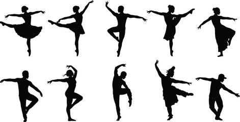 Silhouettes of dancers performing ballet and modern dance poses, graceful movement, artistic dance, expressive dancers, isolated black vector illustration