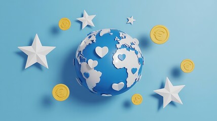 Global Business Growth Concept with Currency Symbols and Stars Spreading Love Worldwide