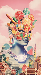 Surreal portrait of a person wearing a mask adorned with colorful candies and lollipops, set against a pastel sky.