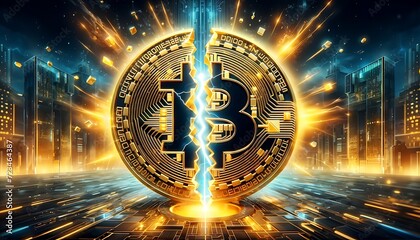 Exploding Bitcoin Symbol with Digital Cityscape cryptocurrency