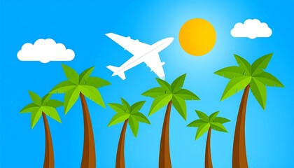 A cartoon-style graphic of a plane flying over palm trees