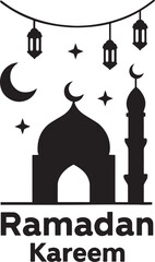 Ramadan night scene with mosque, crescent moon, stars, and lanterns silhouette EPS.