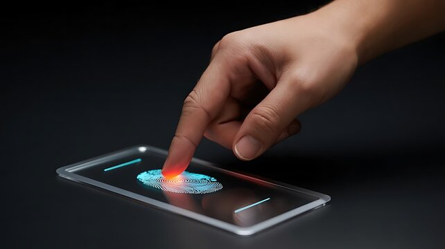 Futuristic Biometric Authentication Close-Up of Glowing Fingerprint Scan on Device - Powered by Adobe