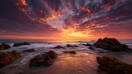 Obraz premium Beautiful seascape with dramatic waves and natural rocky coastline under colorful evening sky.