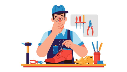 Artisan's Craft: A skilled craftsman meticulously repairs a shoe in his workshop, surrounded by essential tools, highlighting the artistry and precision of his trade.