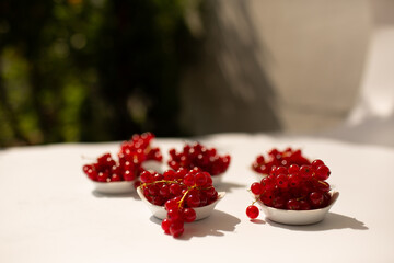 Artistic still life of red currants in small bowls on a white surface, blurred green background with soft bokeh effect.