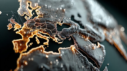 An intricate representation of Europe with glowing lines highlighting cities and connections, illustrating technological advancements.