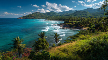 Obraz premium Tropical coastline with panoramic ocean view and lush greenery