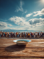 Bowl of soup on wooden table with crowd waiting under blue sky