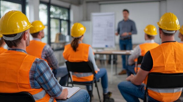 Construction workers attending meeting listening to foreman giving instructions