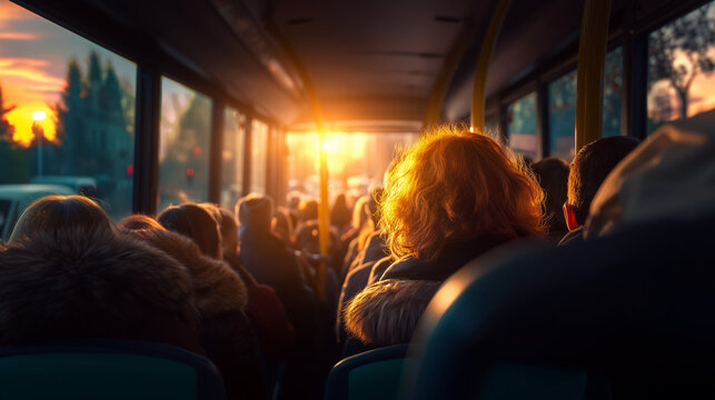 Crowded bus interior at sunset with warm golden light