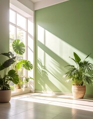 A sun-drenched interior corner showcasing vibrant greenery and a tranquil pale green wall.