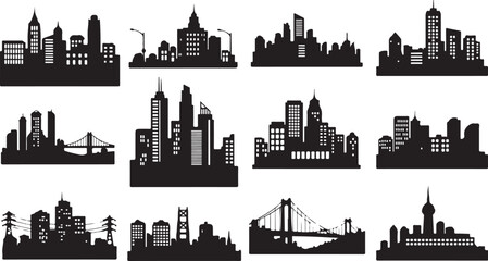 Cityscape Silhouettes A Diverse Collection of Urban Skylines Depicting Architectural Variety and Modern Urban Design Elements in Vector Format