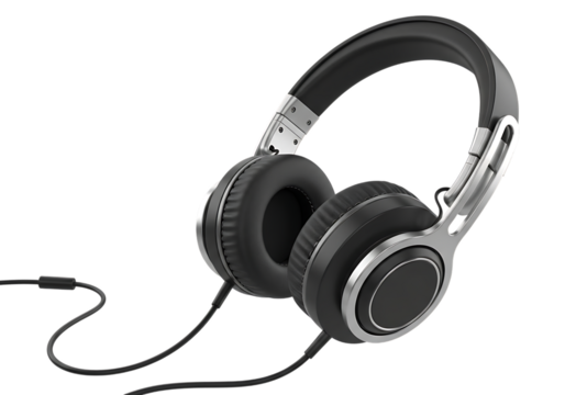 Black and silver wired headphones isolated on a seamless black background