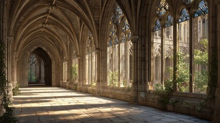 Obraz premium The grand hall of an ancient castle, sunlight streaming through arched windows, illuminating the stone floor and walls, creating a serene atmosphere