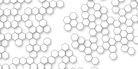 Modern seamless geometrical arrangement of hexagons, White hexagon abstract background, seamless geometric honeycomb pattern, clean minimal futuristic surface, 3D texture design for technology.