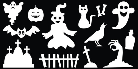 Set of halloween element silhouette collection.  pumpkin, ghost, cat, cauldron, owl, raven bird, skeleton. Demon silhouettes set, evil pack of vector silhouette design. eps 10
