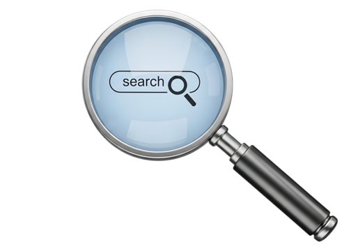 Magnifying glass with search bar and icon on black background concept