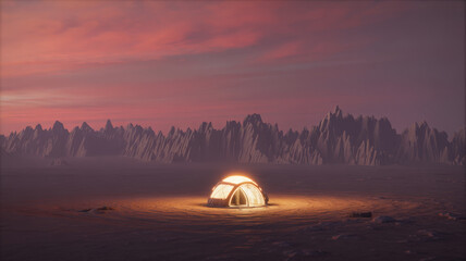 Illuminated tent glows against a twilight sky with distant mountains in a serene outdoor scene