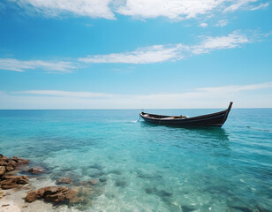 Fototapeta premium sea blue scenery ocean landscape illustration boat scenic, seascape view, summer beach sea blue scenery ocean landscape, boat on the sea, sailing boat on the sea