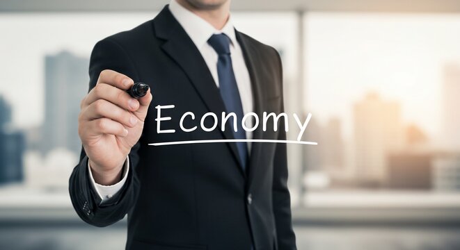 Businessman in suit writing Economy on glass with marker in bright office